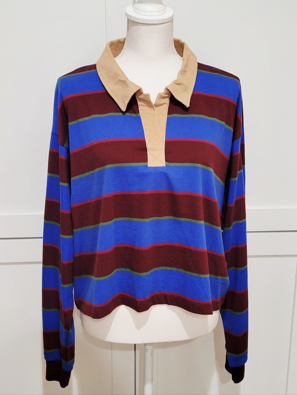 Stranger Things Blue Brown Striped Cropped Polo Patches Women's XXL